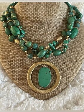 Chico’s Chunky Turquoise Style Layered Necklace With Gold Ring Pendant